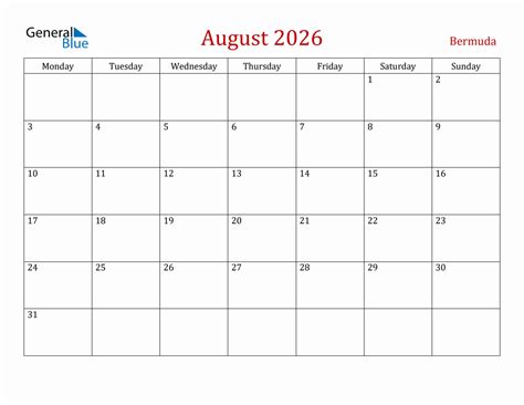 August 2026 Bermuda Monthly Calendar With Holidays