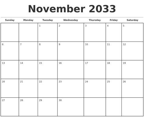 November 2033 Monthly Calendar Template