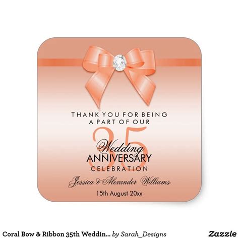 Coral Bow And Ribbon 35th Wedding Anniversary Square Sticker Zazzle