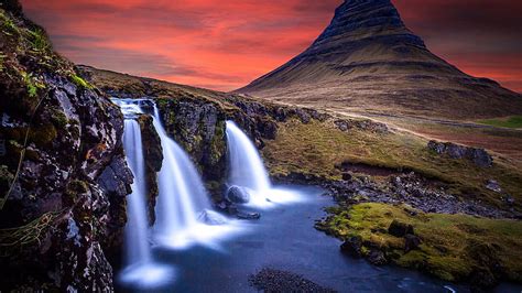 Kirkjufell Mount Night Waterfalls Northern Lights Icelandic