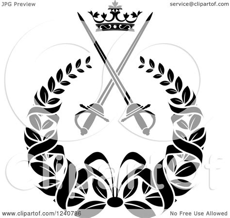 Clipart Of A Black And White Crown And Crossed Swords In A Laurel