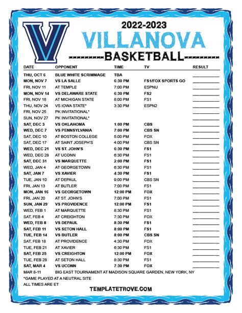 Printable Villanova Wildcats Basketball Schedule