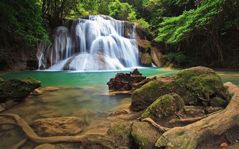 Download Wallpapers Beautiful Waterfall Turquoise Lake Rainforest