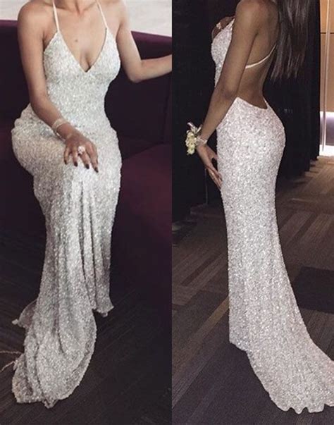 2017 Luxury Bling Sparkle Prom Dress Sexy Prom Dresses White Mermaid Deep V Neck Backless