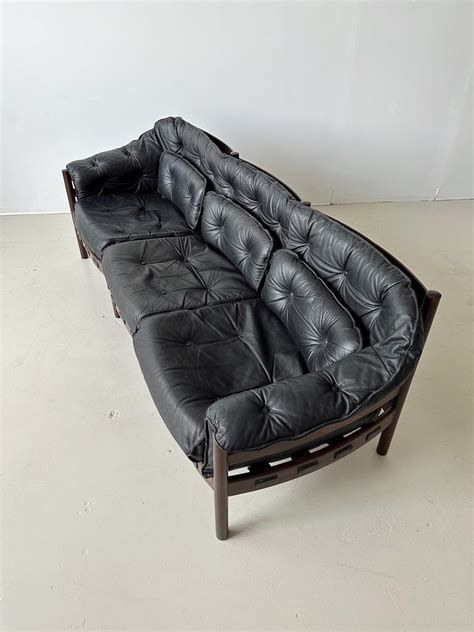 Wood And Leather 3 Seater Sofa By Sven Ellekaer For Coja 60s Maison Singulier