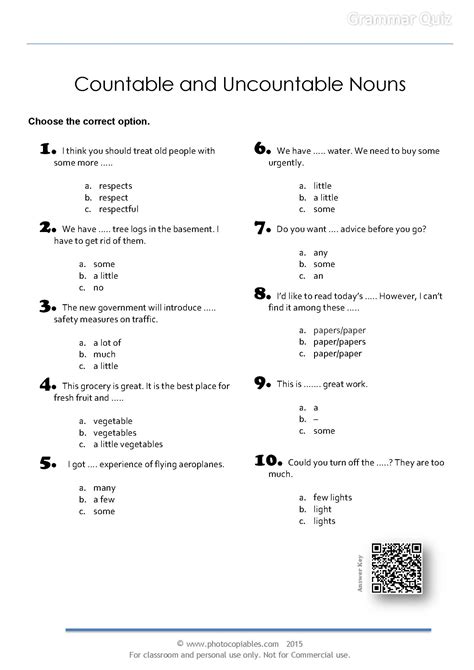 Countable And Uncountable Nouns Grammar Quiz Photocopiables