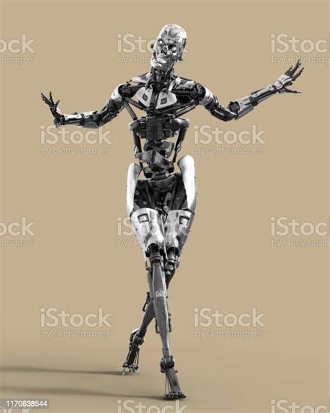 Full Metal Robot Cyborg Mocks Spreads His Arms To The Side Bowed His