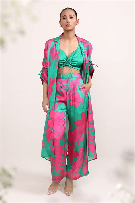 Buy Miku Kumar Pink Silk Amarylis Printed Cape Pant Set Online Aza