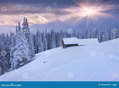 Colorful Winter Sunrise In The Mountains Dramatic Sky Stock Photo