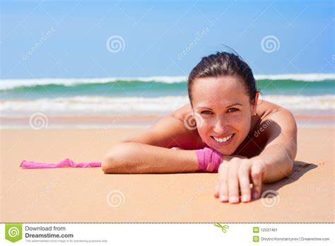 Cheerful Woman Lying On The Wet Sand Stock Image Image Of Paradise Pretty 12537461