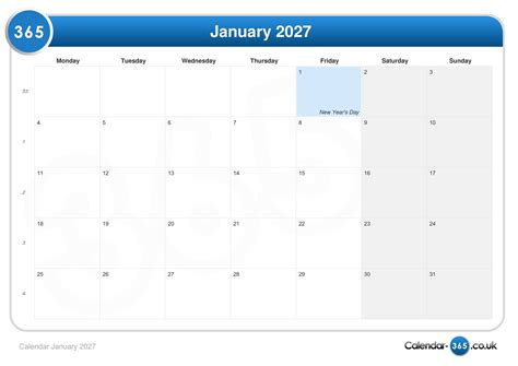 Calendar January 2027