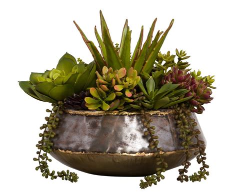 Silk flower arrangements succulent arrangements succulent pots succulent care succulent ideas succulent gardening vegetable gardening succulents in containers container plants decorative succulent centerpiece in metal container bulk up your decorative options by adding this versatile arrangement to your collection. Faux Succulents Arrangement in Small Bengal Bowl | Faux ...