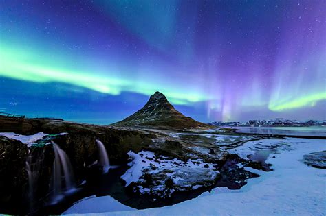 Photos Kirkjufell Iceland Northern Light Nature Mountains Waterfalls