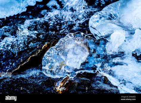 Close Up Detail Of Ice In A Freezing River In The Carpathian Mountains