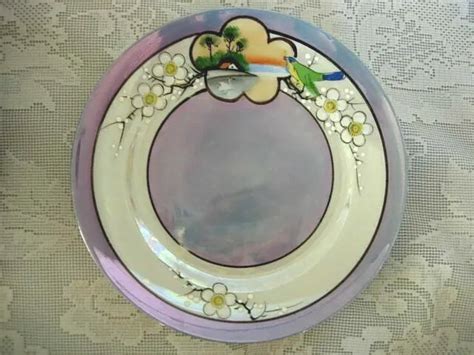 Vintage Made In Japan Hand Painted Bird Cherry Blossoms Blue Lusterware Plate Picclick