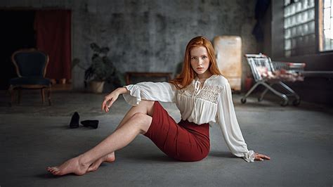 Hd Wallpaper Womens White Long Sleeved Shirt Redhead Hips Legs