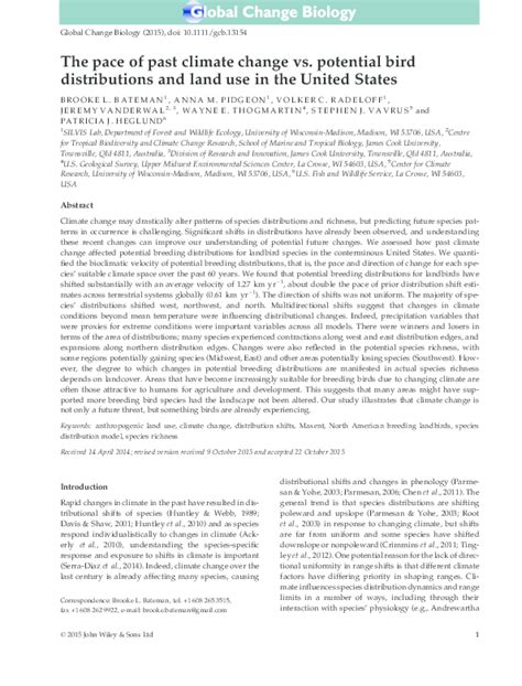 Pdf The Pace Of Past Climate Change Vs Potential Bird Distributions