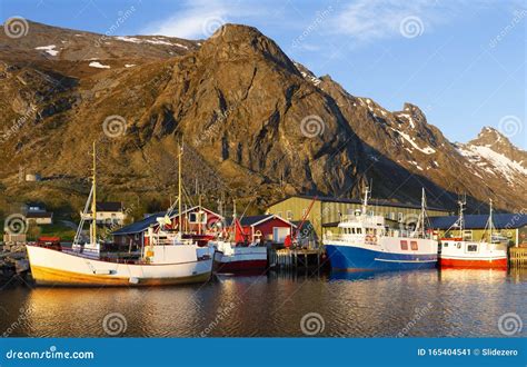 Ramberg Village Lofoten Islands Norway Fishing Boats In Harbor At