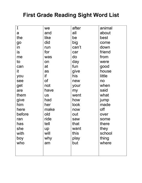 Frys First Grade Sight Words List