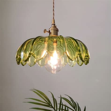 Brass Scalloped Hanging Light Kit Industrial Green Glass 1 Light Dining Room Pendant Lighting
