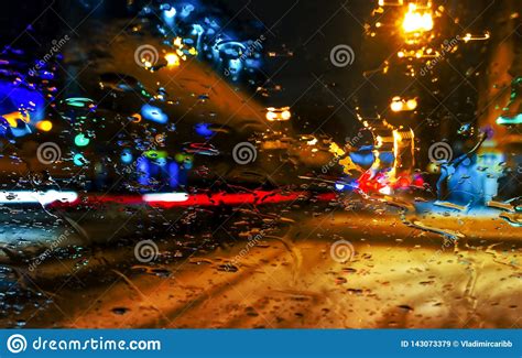 Rain Drops On Car Window With Road Light Bokeh City Life