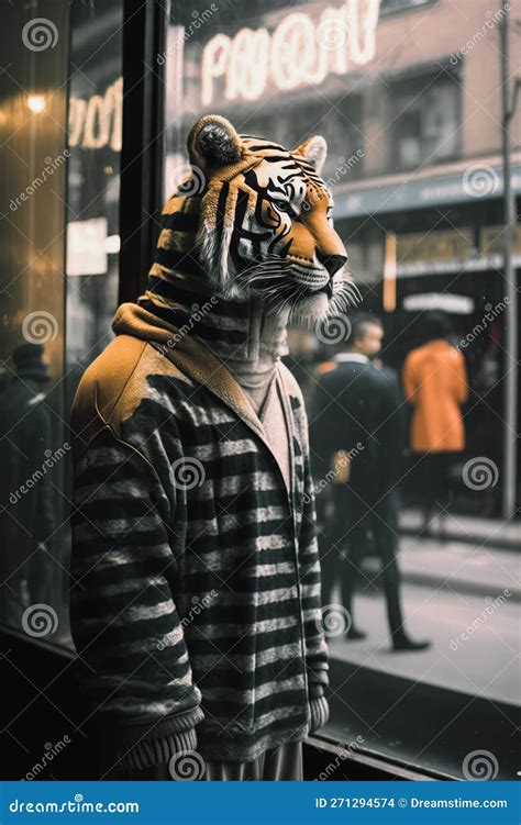Retrato De Un Tigre Encapuchado Vestido Con Ropa Y Parado Solo En Una Calle Lluviosa En El Medio