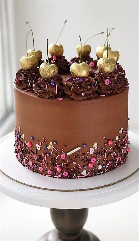 37 Pretty Cake Ideas For Your Next Celebration Chocolate Cake With Gold Cherries Pretty