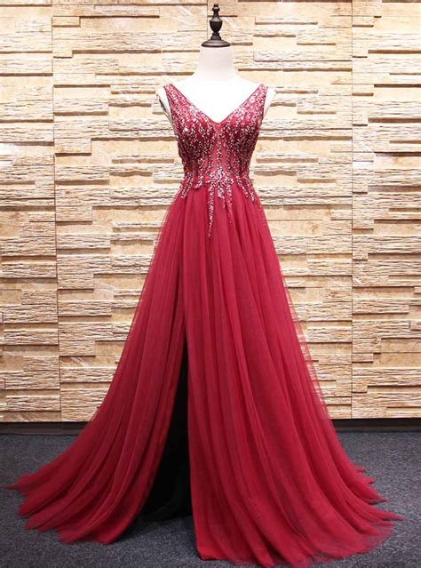 Red V Neck Crystals Tulle Slit Long Prom Dresses Sexy Party Dress On Luulla