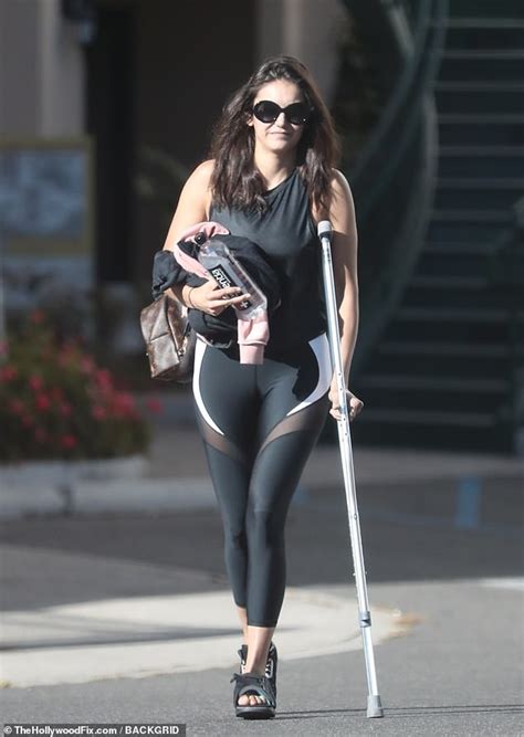Nina Dobrev Leaves Pilates Class In West Hollywood While Using One Crutch Daily Mail Online
