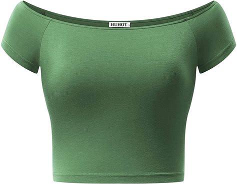 Green Crop Top Womens Basic Short Sleeve Off Shoulder Cami Crop Tank