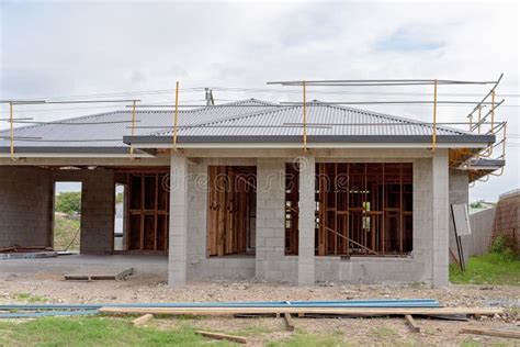 Exterior Of Block Brick Home Under Construction Stock Image Image Of