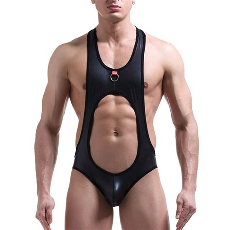 Men Faux Leather Thong Man Sexy Fitness Bodybuilding Rings Bodysuit Gay Penis Pouch Jumpsuit