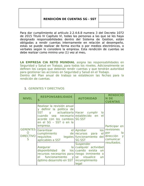 Rendición De Cuentas Para El Sistema RendiciÓn De Cuentas Sg Sst