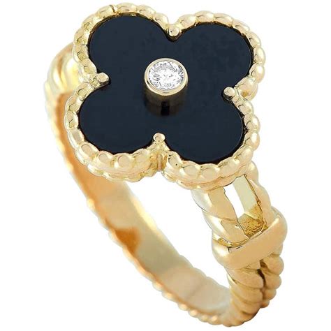 Van Cleef And Arpels Alhambra 18 Karat Yellow Gold Diamond And Onyx Ring For Sale At 1stdibs