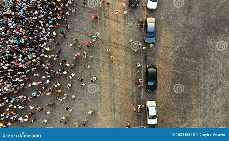 Aerial People Crowd And Parking Lot With Cars Stock Image Image Of