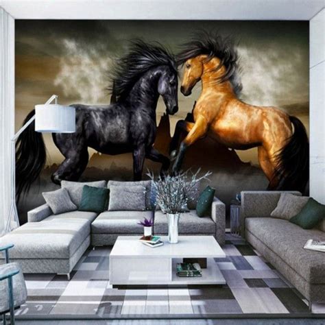 3d Black And Brown Horses Custom Wallpaper Mural Wallpaper Interior