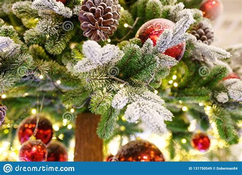 Christmas Tree With Red Balls Concept New Year Celebration Background
