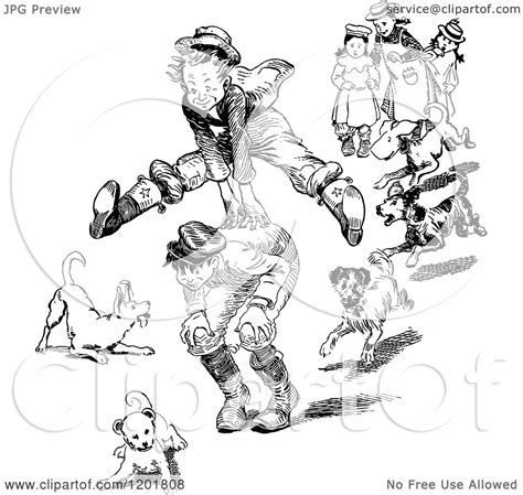 Clipart Of Vintage Black And White Dogs Around Boys Playing Leap Frog