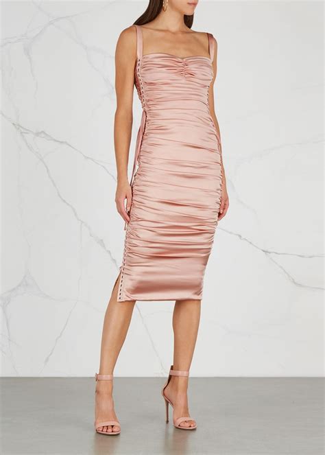 Pink Ruched Silk Satin Midi Dress Dolce And Gabbana Dresses Slim Fit