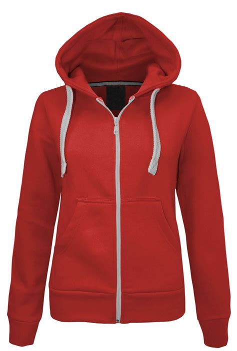 New Women's Zip Up Hooded Top Ladies Plain Colours Hoodies Sweatshirt