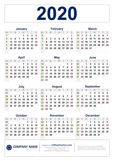 2020 Year Calendar With Week Numbers Printable Templates Free