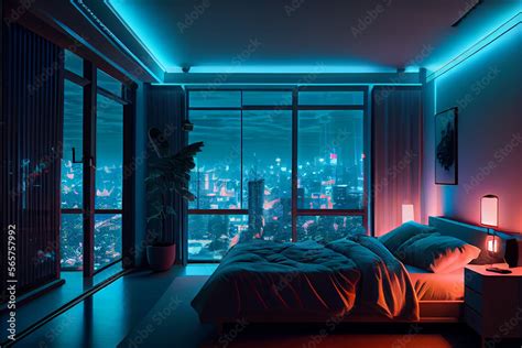 Modern Bedroom Interior With Neon Lights Glowing Ambient In The Evening