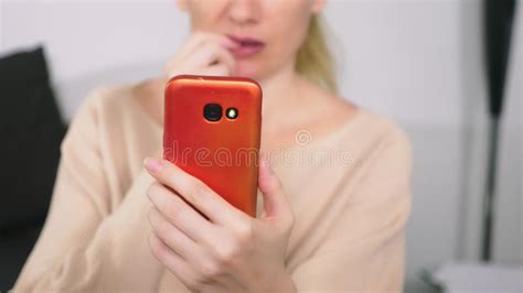 Woman Uses Smartphone Woman Read Bad News In Smartphone Stock Image Image Of Cute Cell
