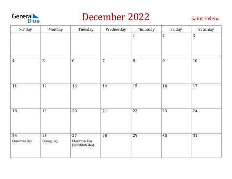 December 2022 Calendar Saint Helena