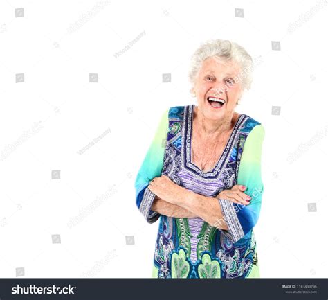 Beautiful Old Woman Laughing Against White Stock Photo 1163499796