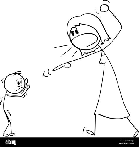 Woman Or Mother Yelling At Small Child Or Boy Vector Cartoon Stick