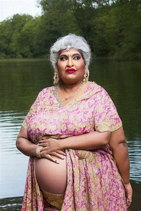 ai art generator big belly pregnant bbw desi granny madam in river realistic face