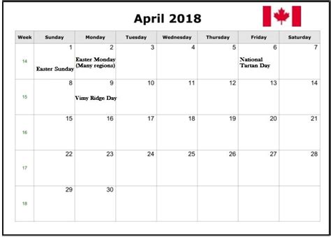April 2018 Canada Holiday Calendar Holiday Calendar Canada Holiday