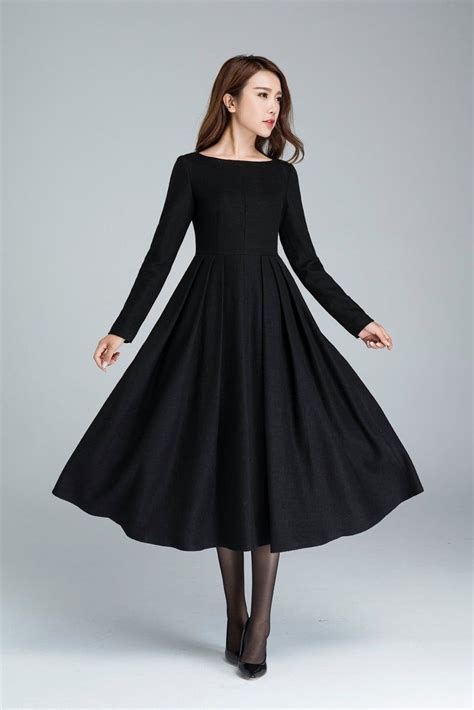 Black Winter Midi Wool Dress Boat Neck Pleated Dress Long Etsy