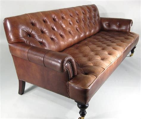 Igavel Auctions Brown Leather Button Tufted Upholstered Sofa 20th C